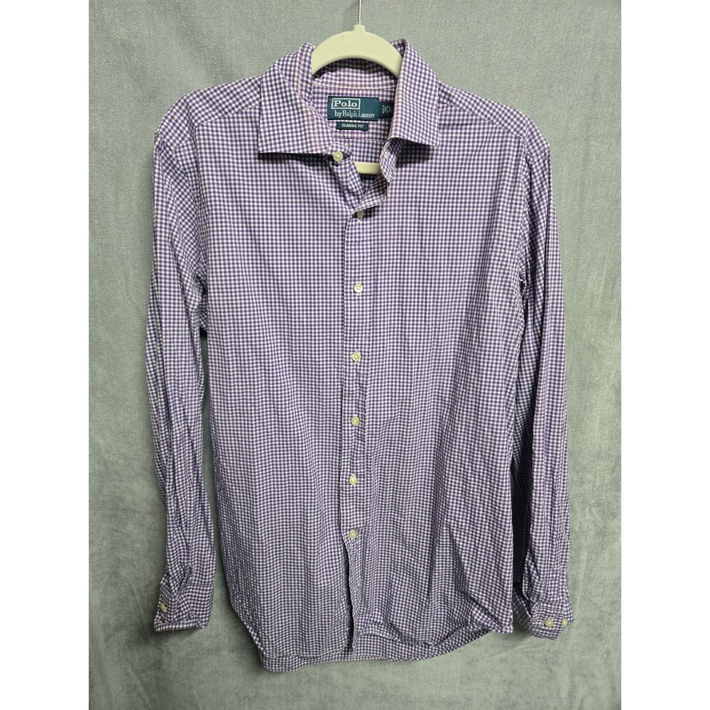 Polo Ralph Lauren Mens Purple Gingham Check Button Down Shirt Classic Fit 15.5